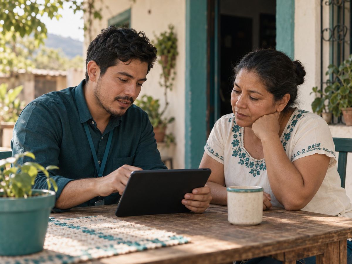 A field officer shows a woman her evaluation on a tablet, at the table on her patio.
