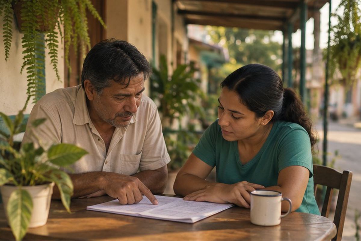 A man and a woman go over the printed plan together, at the patio table.