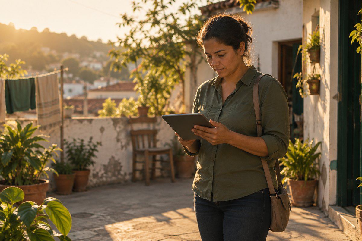 A field officer standing in the yard reads the proposal on her tablet before going in to go through it with the family.