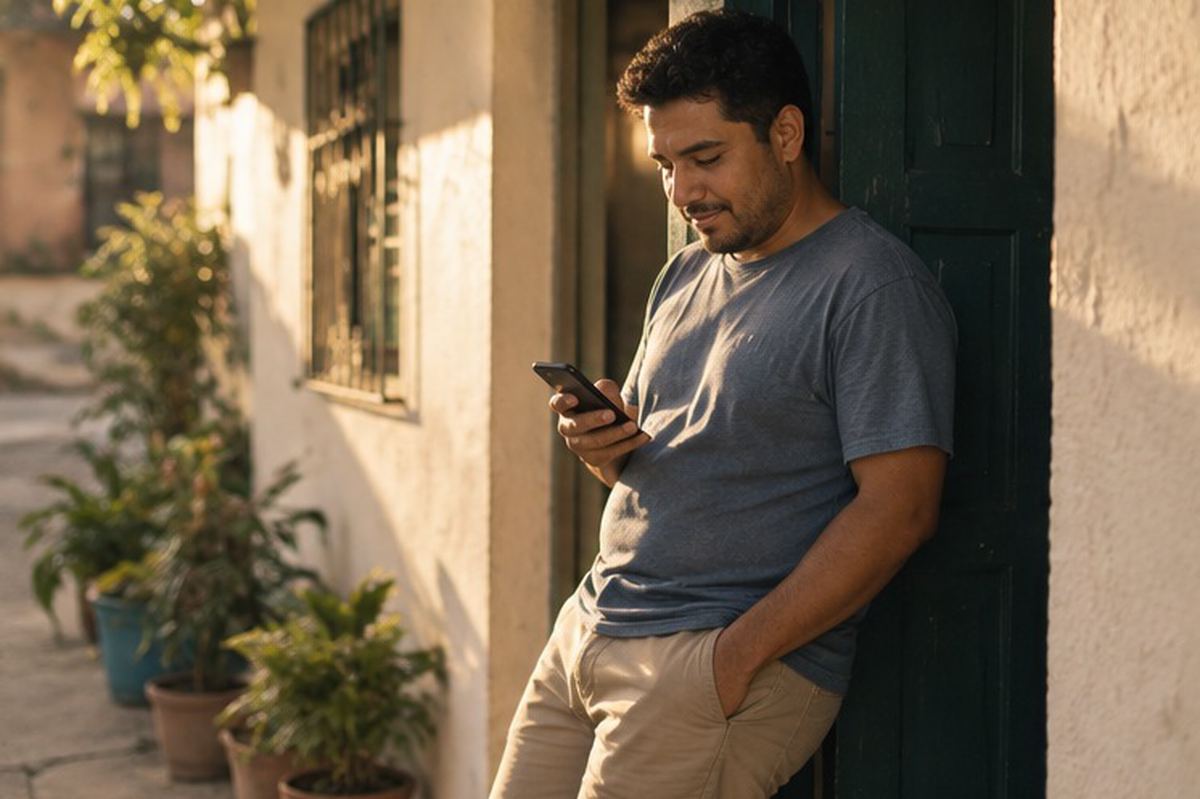 A man checks his progress on his phone, leaning against the wall of his house.