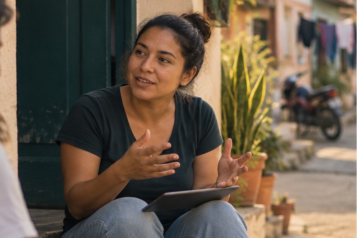 A field officer talks with a woman at her doorstep, the evaluation tablet on her lap.